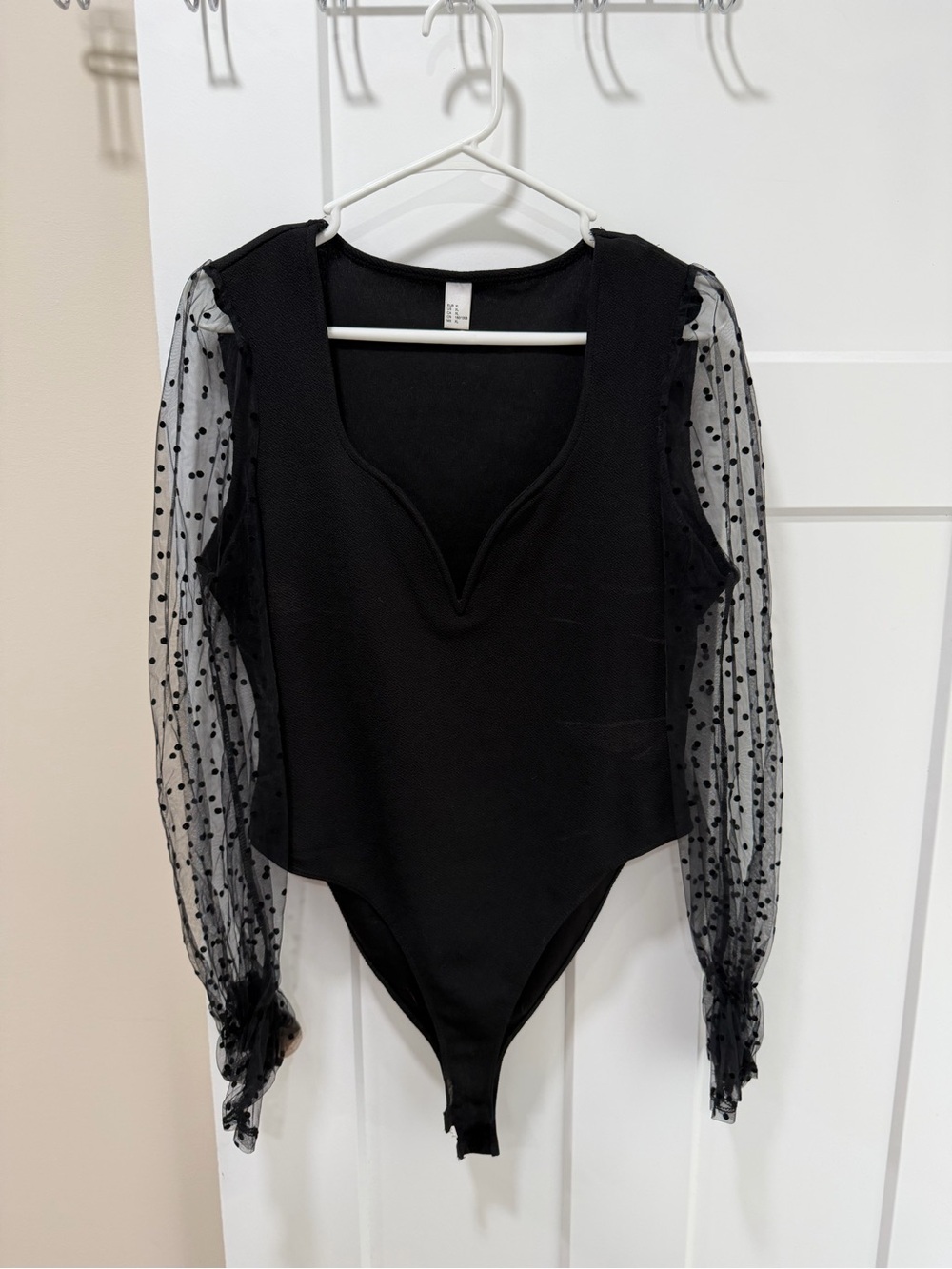 Black Polka Dot Mesh Sleeve Bodysuit - Women